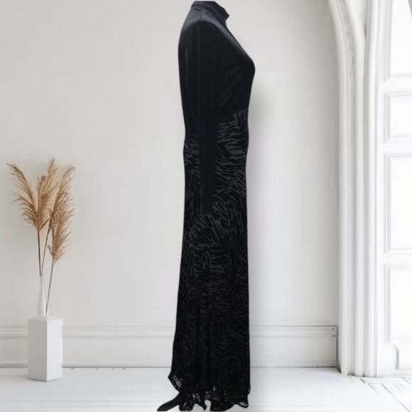 Vintage 90s Black Velvet Burnout Maxi Dress Mock Neck Animal Print Size 12 - Picture 5 of 12